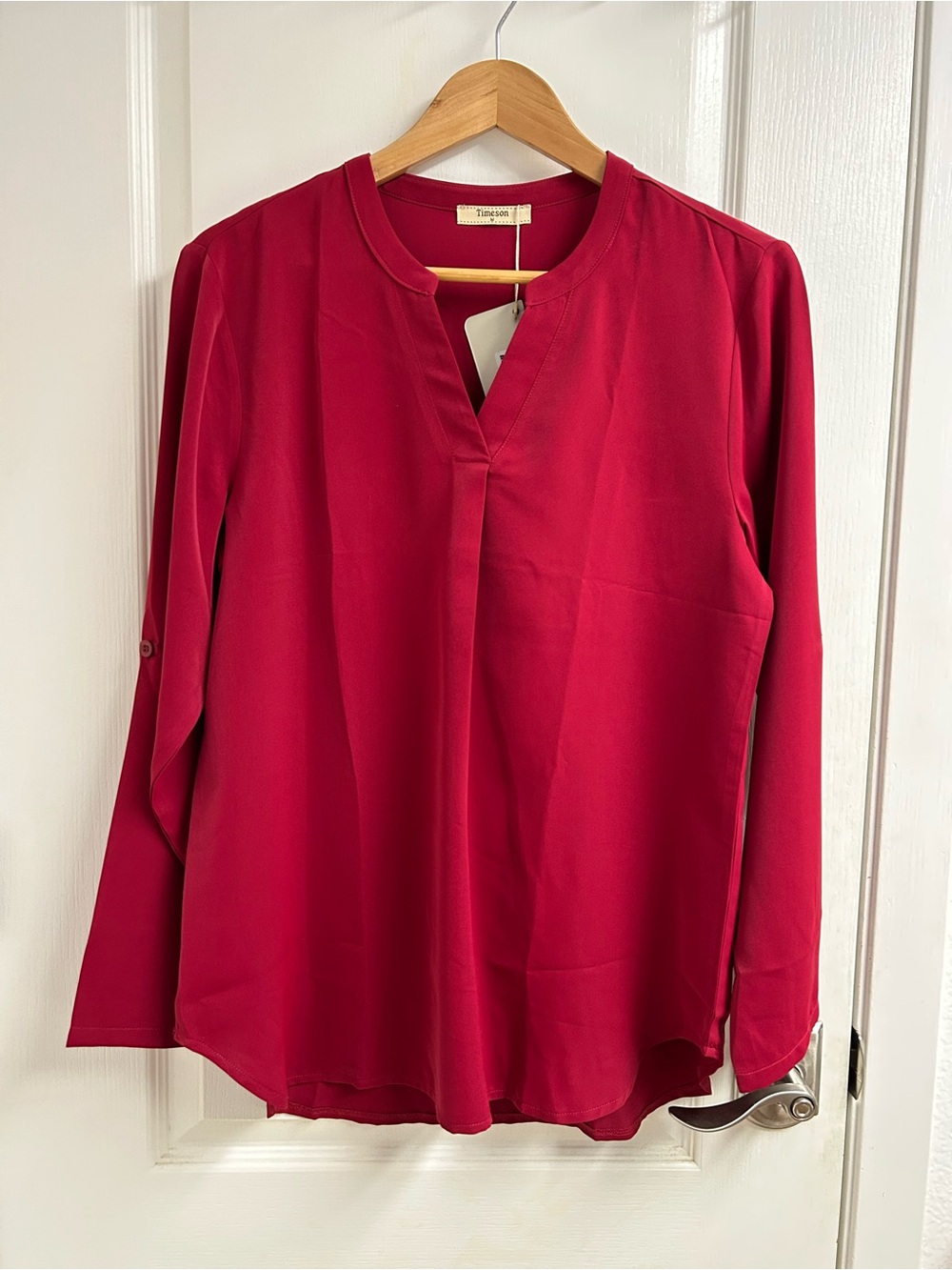 NWT Amazon Timeson Women’s Blouse Roll-Up Sleeves Size Medium Berry Red
